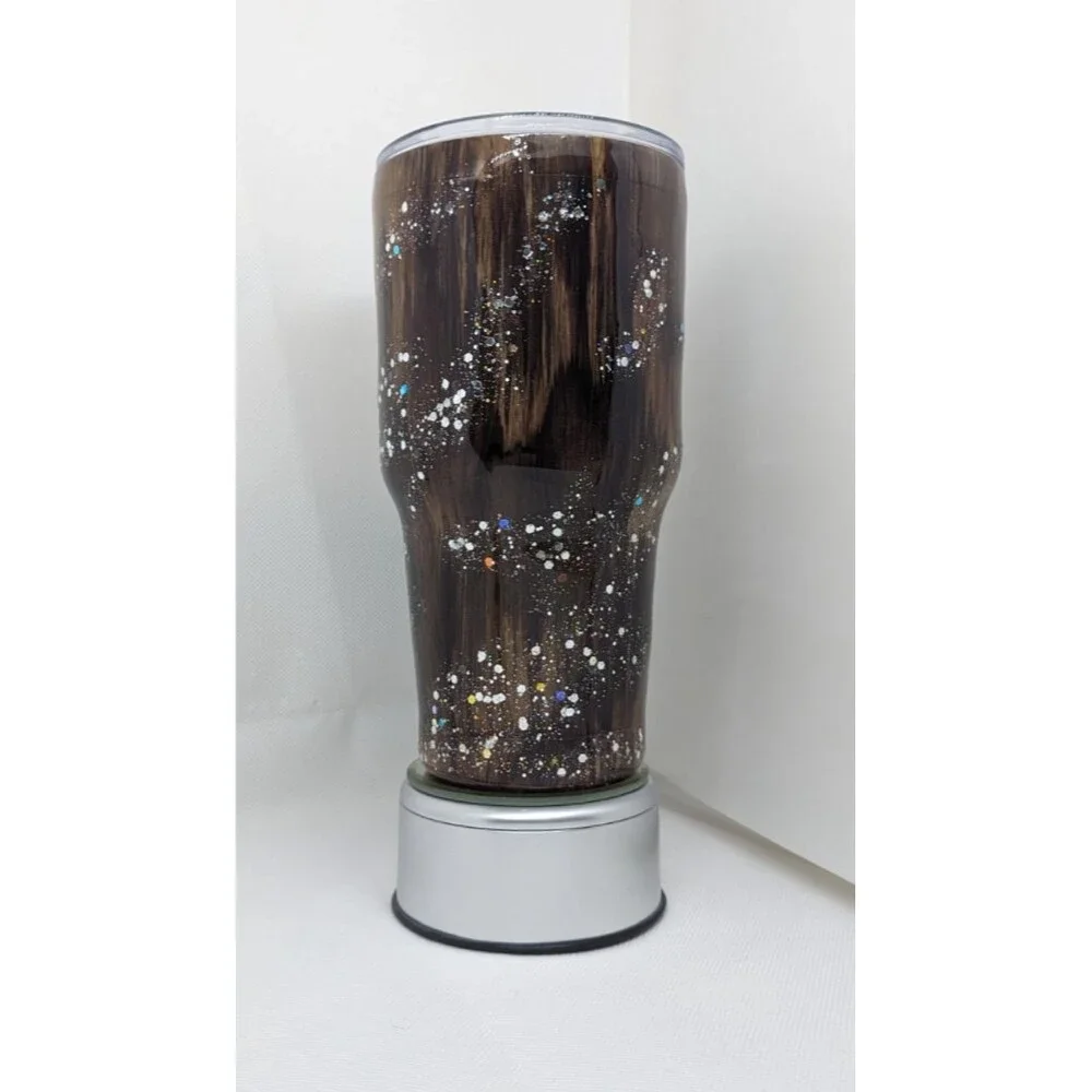 Handpainted Woodgrain Resin Tumbler - Dark Brown & Silver Glitter,  30oz, New